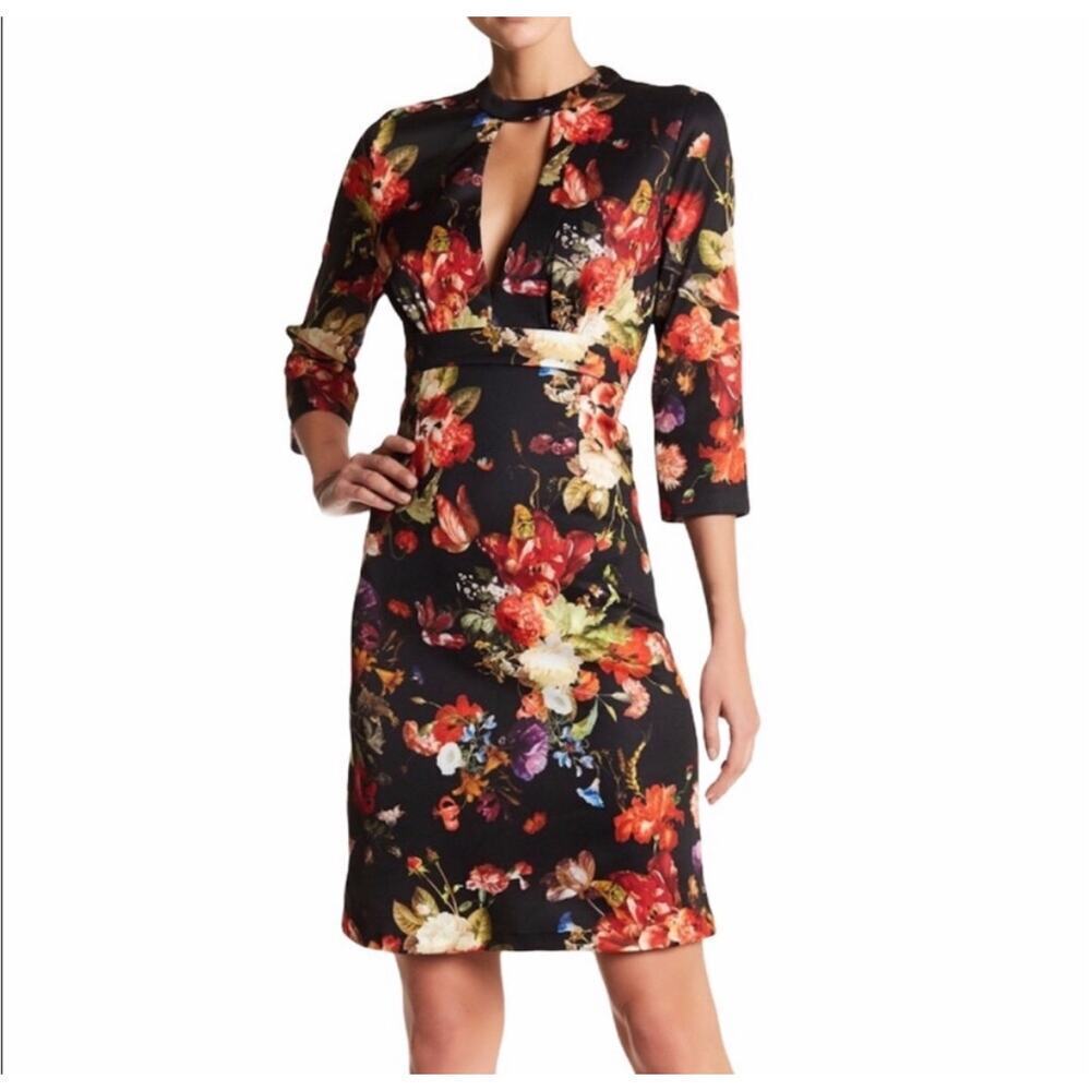 Alexia Admor Small Plunge Sheath Mini Dress Black Red Floral Keyhole 3/4 Sleeves